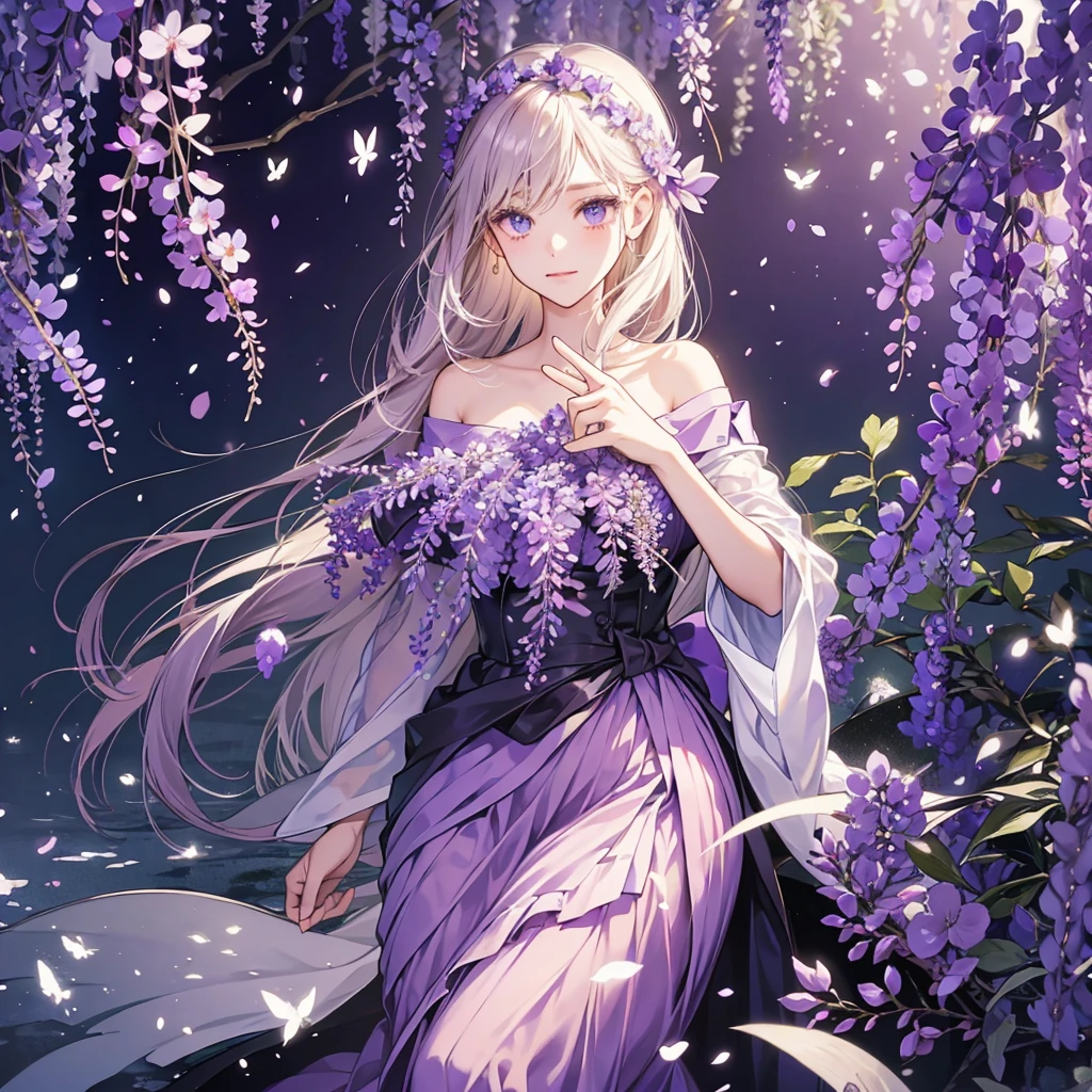wisteria forest, dark night, Beautifully Aesthetic,wisteria, peace, tranquility, serenity, petals, butterflies,