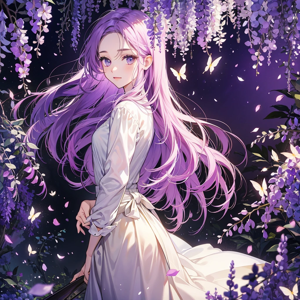 wisteria forest, dark night, Beautifully Aesthetic,wisteria, peace, tranquility, serenity, petals, butterflies,