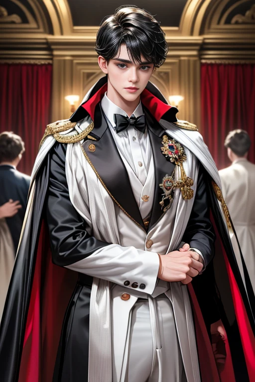 masterpiece, 最high quality, high quality, 1 boy, alone, Male focus, Watching the audience, Messy black hair, Adorable big blue eyes, White, Noble, Noble,A sexy, voluminous, puffy cape、tuxedo、A very voluminous, large, very large, very large, long, long red and black cape with a high stand-up collar, made of a lot of fabric that reaches down to the floor., ,Cute beautiful boys,Cute, cute, kind, handsome guy