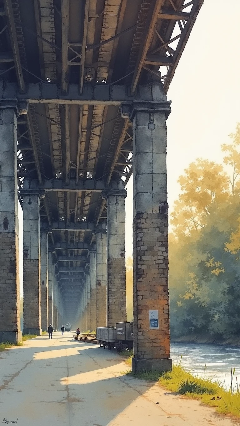 Under Birmingham digbeth Railways Bridge, diffusion light, bright golden hour, watercolour technique, Turner style