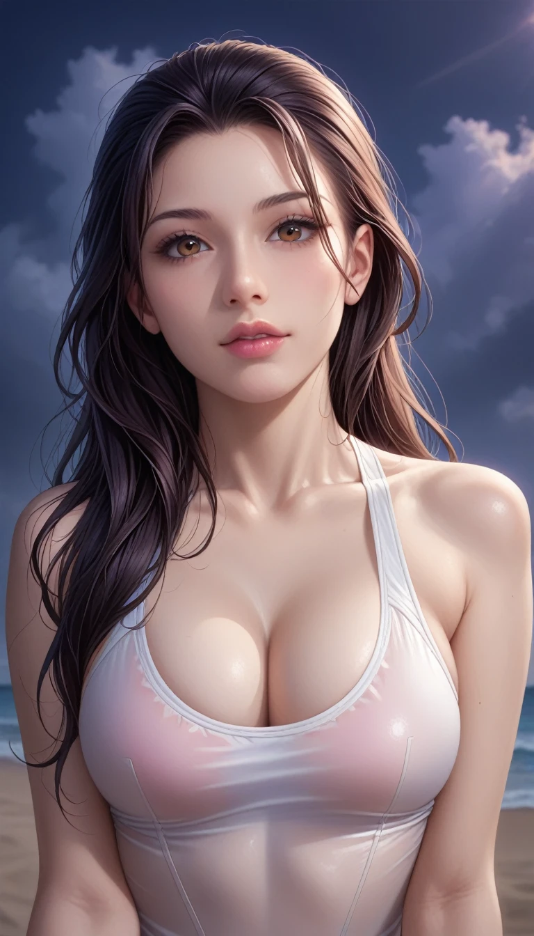 score_9, score_8_superior, score_7_superior, High-resolution CG illustration,A masterpiece in 32K resolution,Highest quality,it is really amazing,Very detailed,Ultra-high resolution,Ultra-realistic,Realistic,Increased depth of field,Cinematic lighting,
Sexy mature Japan woman,
Straight long hair with black hair,Ultra-detailed and beautiful face,Calm and gentle look,Beautiful brown eyes,Translucent white skin,Realistic skin texture,Great proportions,
Sexy high leg swimsuit,
Artistic design,Chic color scheme,Detailed fabric texture,
Dark overcast sky on a dull night,Dark clouds filling the sky,Thundercloud,Coastline at night,Stormy seas,delay々A desolate sandy beach that continues,
Cleavage up,Cinematic Angle,