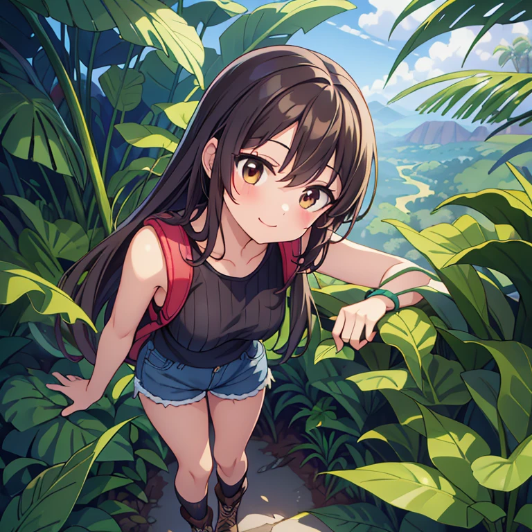 Masterpiece, best quality, high quality, ung woman, Solo, from above, head tilt, looking to the side, wears hiking backpack, upper body, close up, has Brown eyes, has Brown Long hair, swept bangs, wears ribbed white tank top with jean shorts, wears baggy socks with hiking boots, has small breasts, toned arms, happy expression, standing in the hiking trail, jungle canopy, dirt oath, tropical plants, fronds, ferns, colorful flowers in the jungle, trees, leaves overhead, sunny day