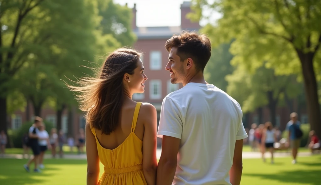 A college girl with yellow dress and a boy standing behind her from a distance at college campus and a photo of them  from back angle a wide range photos
