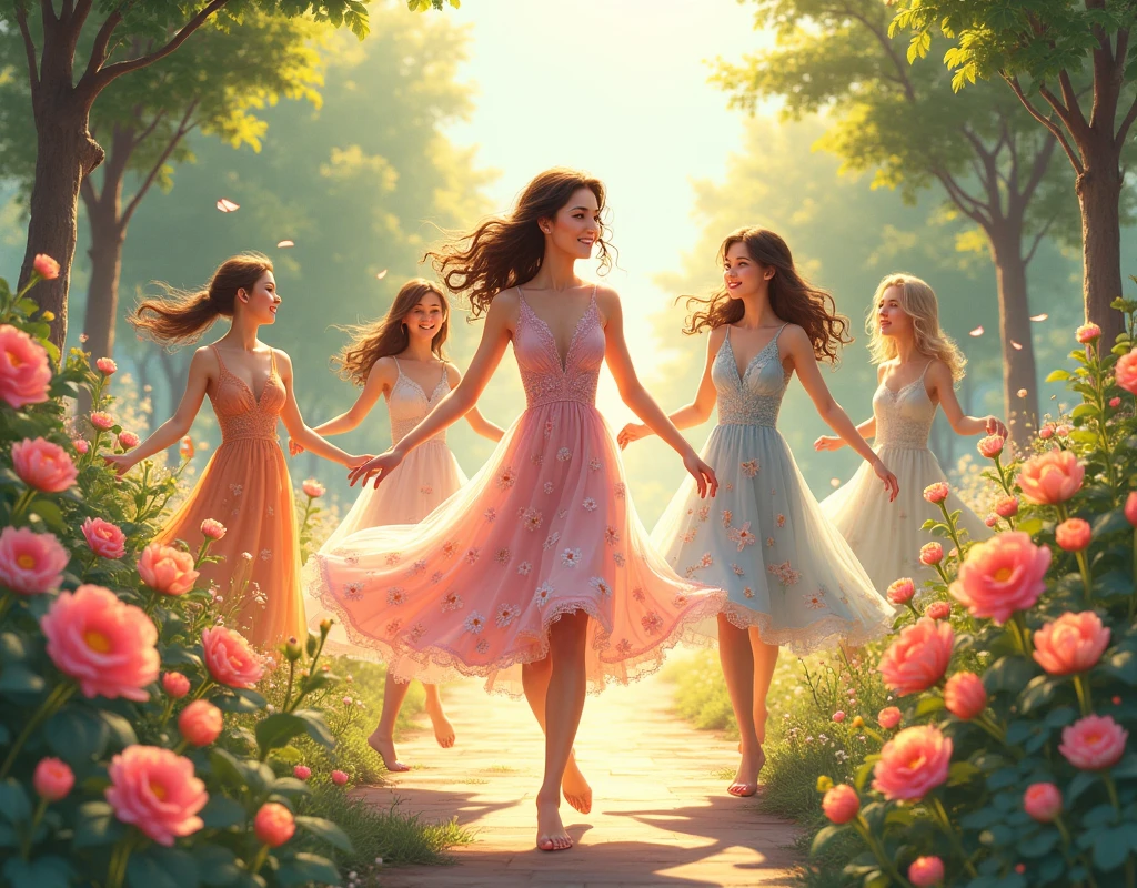 In the garden full of flowers, Under the sunlight, Girls in floral dresses are dancing、(Highest quality), (masterpiece), (High resolution), (Intricate details:0.2),(Professional Lighting),