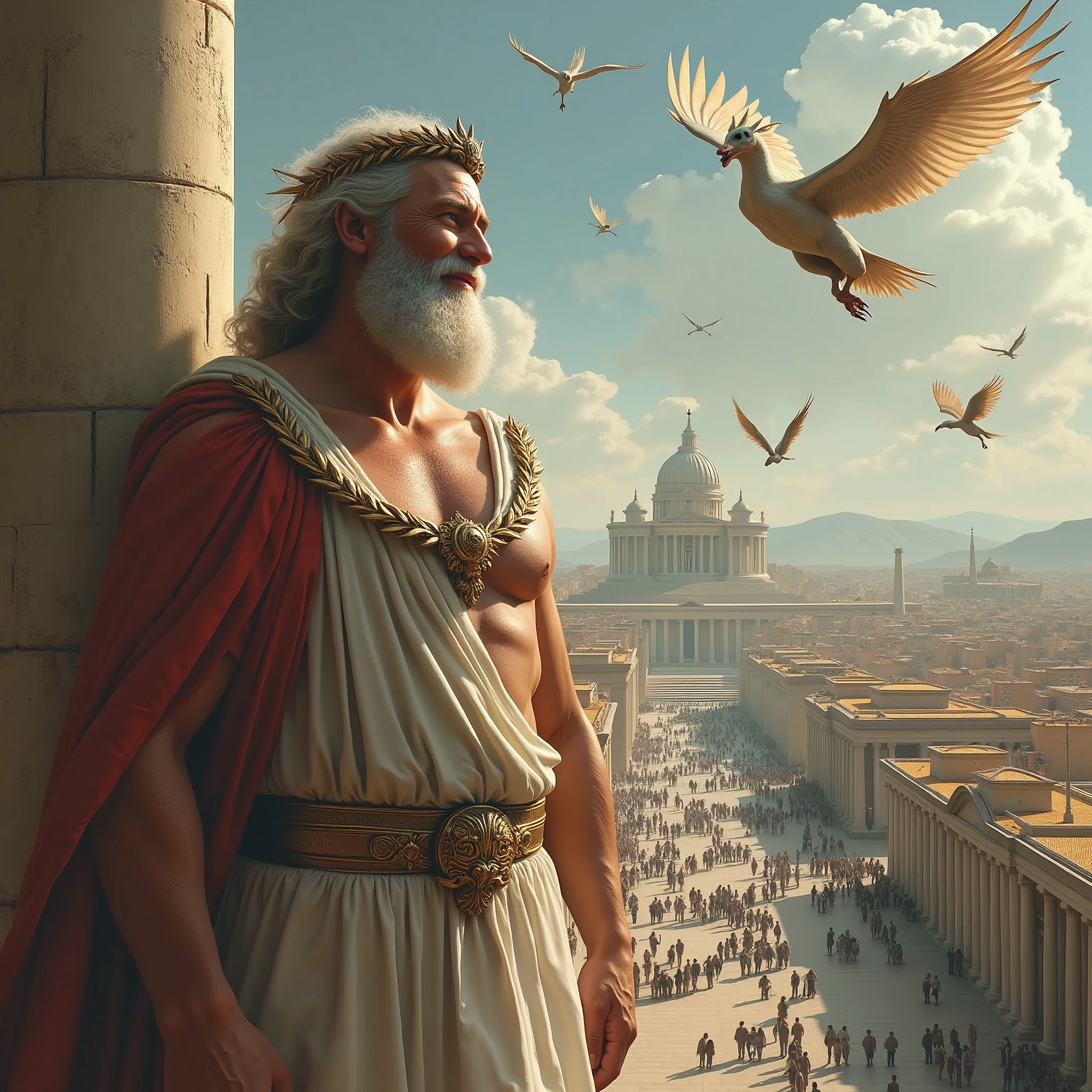 the god zeus, with a smile, and with a Greek-style city in the background. Fantastic Beasts, Griffins and Dragons Fantasy Flying. Panoramic room. aged image.