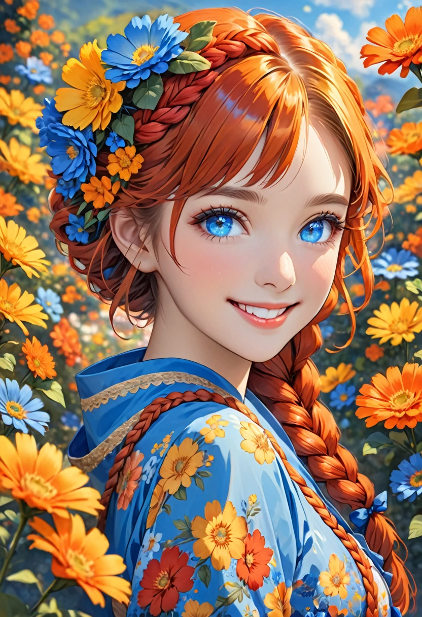 a girl in a blue blue flower with red braids in her hair, flower, 1girl, blue eyes, solo, hair flower, hair ornament, blurry, outdoors, looking at viewer, lips, orange flower, yellow flower, smile,HoloDayo XL