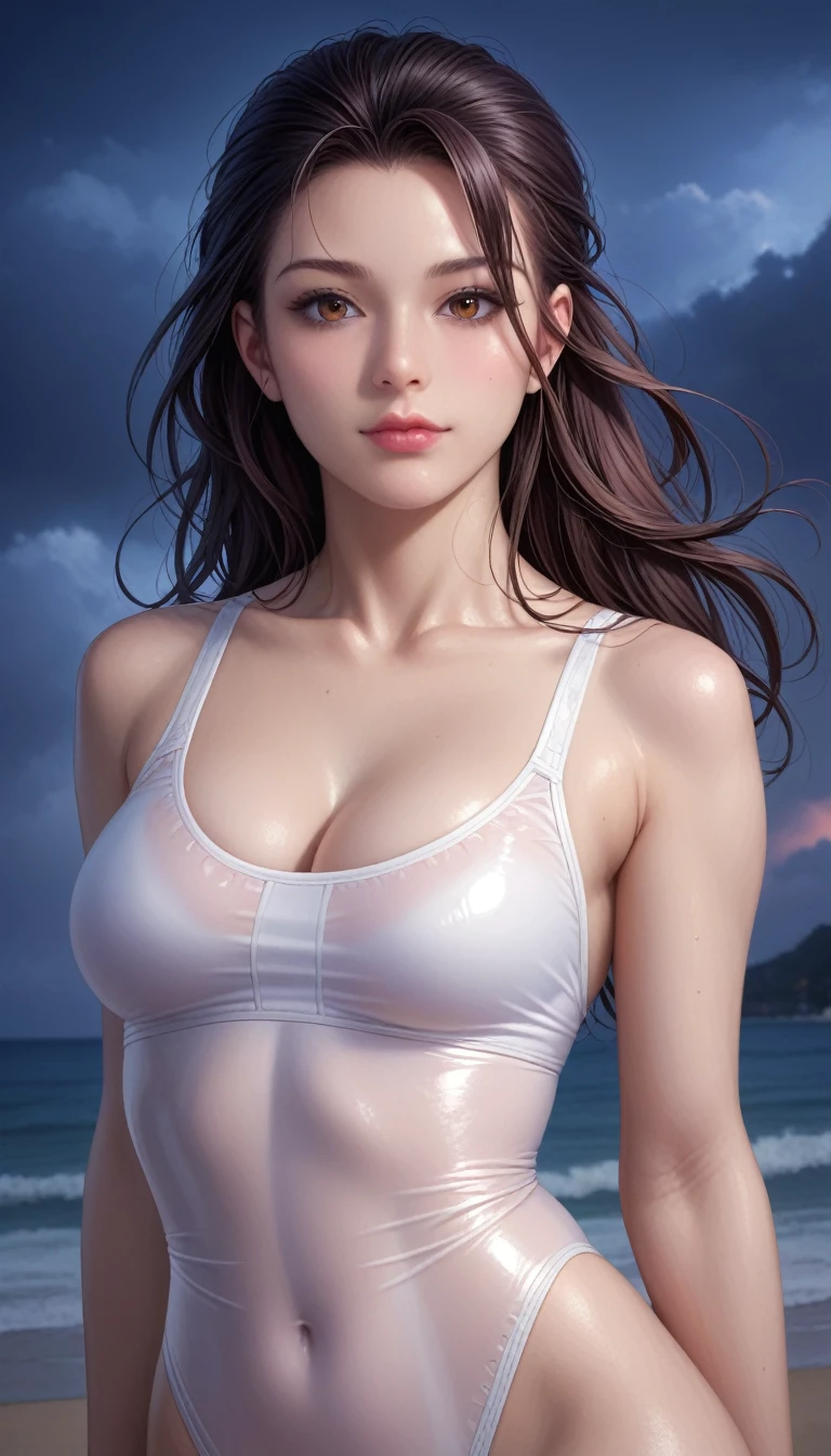 score_9, score_8_superior, score_7_superior, High-resolution CG illustration,A masterpiece in 32K resolution,Highest quality,it is really amazing,Very detailed,Ultra-high resolution,Ultra-realistic,Realistic,Increased depth of field,Cinematic lighting,
Sexy mature Japan woman,
Straight long hair with black hair,Ultra-detailed and beautiful face,Calm and gentle look,Beautiful brown eyes,Translucent white skin,Realistic skin texture,Great proportions,
Sexy high leg swimsuit,
Artistic design,Chic color scheme,Detailed fabric texture,
Dark overcast sky on a dull night,Dark clouds filling the sky,Thundercloud,Coastline at night,Stormy seas,delay々A desolate sandy beach that continues,
Cleavage up,Cinematic Angle,