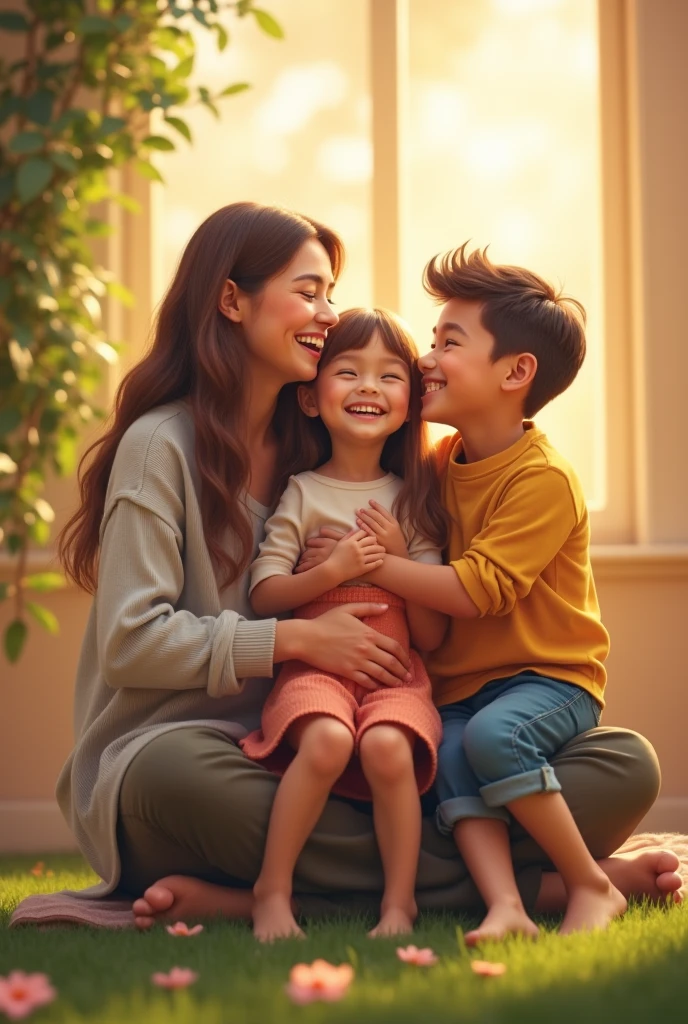 (photorealism:1.2), beautiful Asia woman ,and Asia kids sitting on playground, wearing loose off-shoulder top, pajama pants, long hair, Outdoors, soft lighting, plants in background, window with sunlight, relaxed pose, realistic, intricate details, warm colors size 19:6