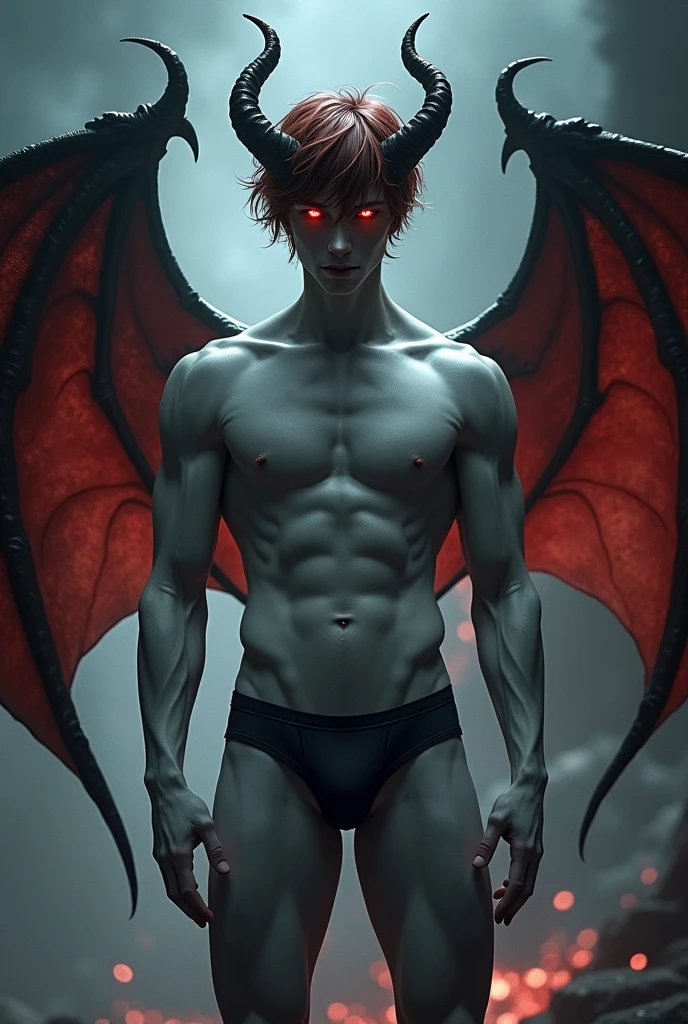 Un chico de 17 años de cabello castaño corto y grayish skin como el gran Rey Demonio del Infierno, handsome and muscular, wearing only micro thongs, firm and round butt, detailed, 8k, fancy, unreal, devil, horns on the head, demonic wings on magical back, grayish skin, men only