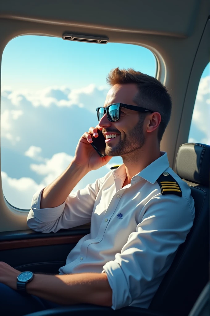A pilot on a plane is talking on his cell phone, He's wearing aviator sunglasses. The airplane window is open and the pilot is casually letting his arm hang out.