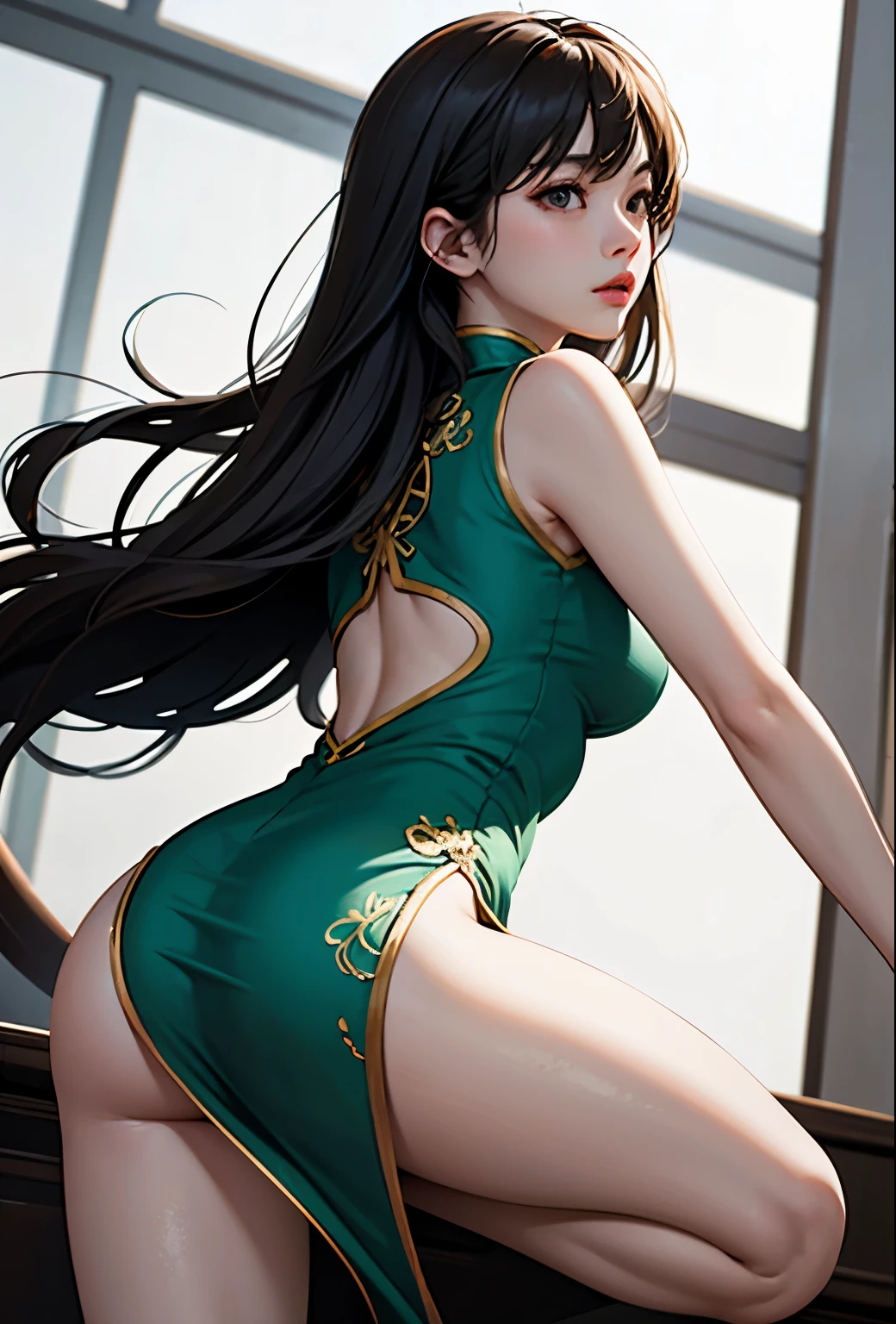 Cheongsam Girl，Long Hair，Pure white background，Depth of written boundary，Low angle view，Calf Level View，Overclocked Renderer，Cinema Lighting，Ultra-fine，Very detailed，complicated，Cinematic Perspective，CG Art，Green Chinese Dress,