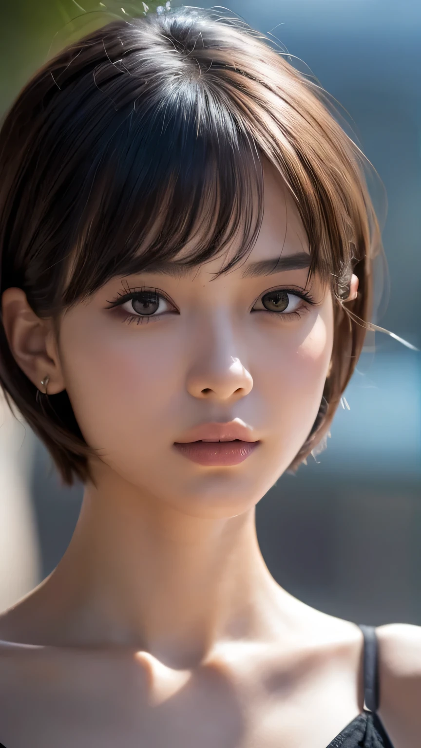 (Ultra-realistic), (figure), (High resolution), (8k), (Very detailed), (Best figure), (Beautiful and detailed), (Highest quality), (Super detailed), (masterpiece), (wallpaper), (Detailed face), alone, One Girl, watching viewer, Trendy clothes，Less exposure、Fine details, Detailed face, In the Dark, Deep Shadow, Modest, Pure Erotic Face Ace_v1, cool, short hair, Pointed diagonal bangs，Beach
