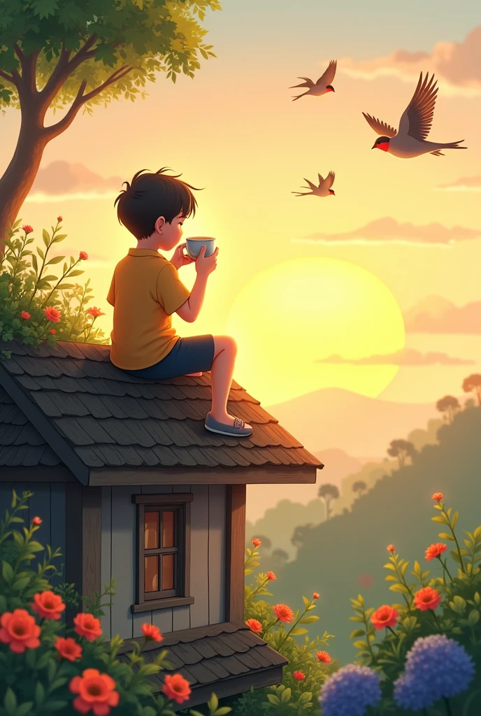 A boy is drinking hot tea on the roof of his house, the sun is rising in the morning, birds are flying in the sky, flowers are blooming