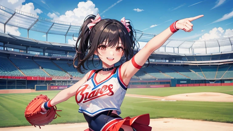 On the sideline of a baseball field、Please draw an illustration of a woman in a cheerleading costume performing a cheerleading performance.。The woman is smiling、They are cheering on the athletes with energetic poses.。