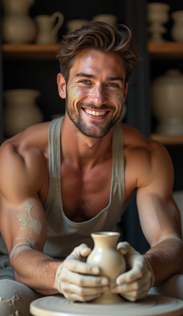 photorealistic, best quality, masterpiece, extremely detailed, very sexy, very homoerotic, side view, extremely handsome, 30 year old muscular filipino man, (muscular bodybuilder), (smiling), wearing only apron, gstring jockstrap, kneading dough, in kitchen, flour on body and face, looking at camera, extremely romantic atmosphere, perfect face, perfect fingers, perfect hands, perfection