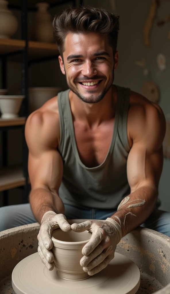 photorealistic, best quality, masterpiece, extremely detailed, extremely handsome, 25 year old man, athletic build, huge smile, looking at camera, messy clay on hands and face, molding clay, on pottery wheel, in personal art studio, extremely romantic atmosphere, perfect face, perfect fingers, perfect hands, perfection