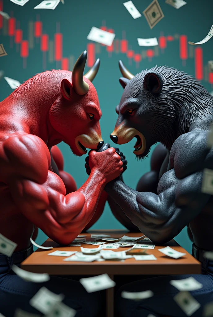 3D color image of a man with a red bull's head and another man with a bear's head wearing a suit, both are in arm wrestling pose with a background of share market candlesticks, stock market charts, dollar bills flying around, and falling stock prices