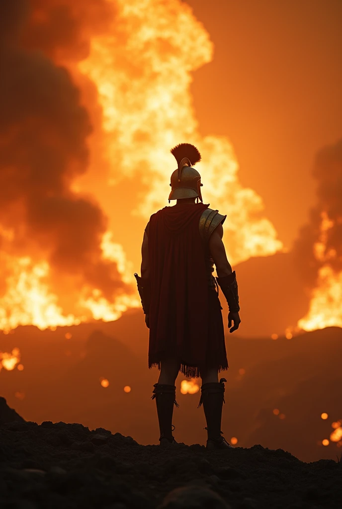 generate an epic scene of a gladiator stand in battle field , the scene from the 17TH century, the battle field is full of fire and blood , realistic depth of field , fog an cinematic lighting . 