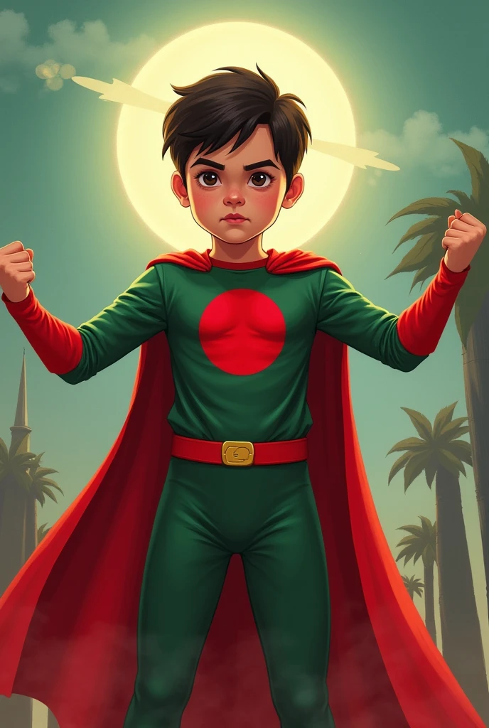 a boy opening two hands with super hero costume using red & green colour, Bangladeshi flag, Bangladeshi flag in costume