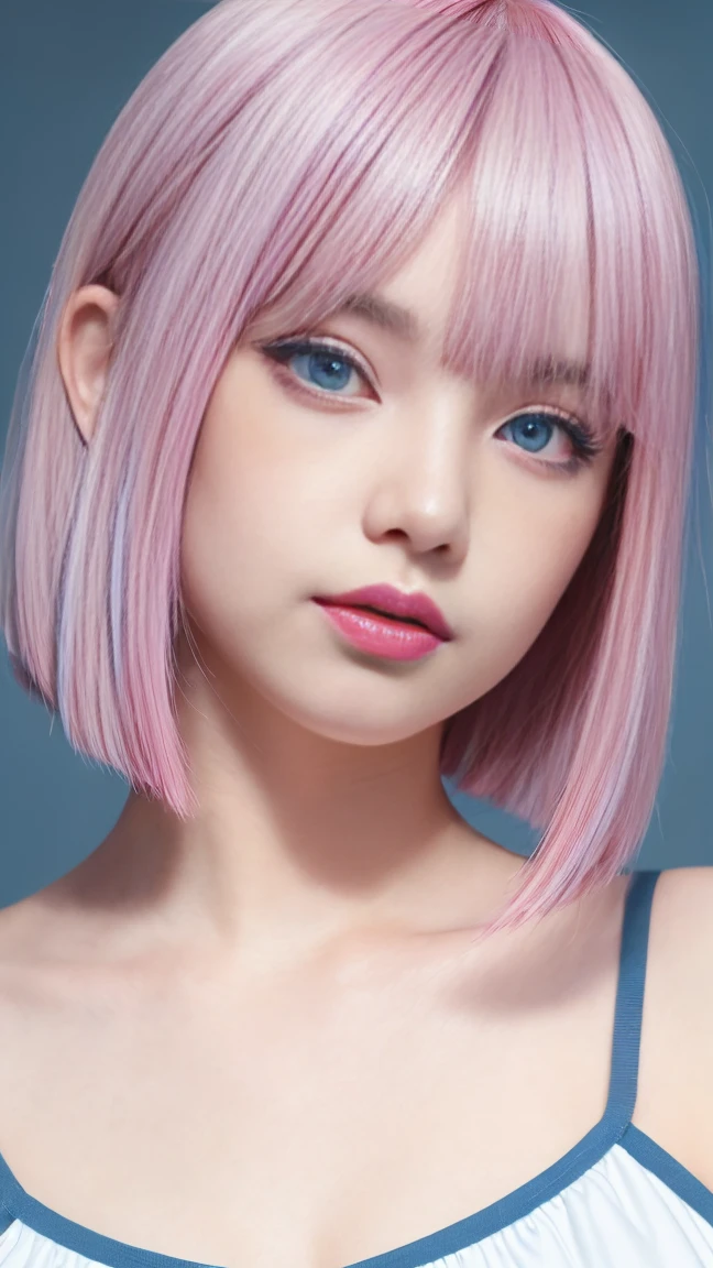 Black and light blue、銀とPink Hair、Realistic, High resolution, Heterochromia eyes, small moles under eyes、Bobcut、Blunt bangs、Lucy, one person's, Hair Scrunchie, Hime cut, Silver Hair, Color chip, full moon, grey eyes, White shirt, Black tie、Leather shorts, long sleeves, (Look at the viewers), Medium Hair, Multicolored Hair, Parting of the bangs, Lips parted, Pink Hair, Red eyeliner, Red lips, alone, White jacket, Rainy night in a neon-lit cyberpunk city,From below, yes、On all fours、connecting