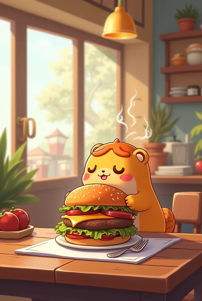 Cartoon cute master cafe eating burger without background