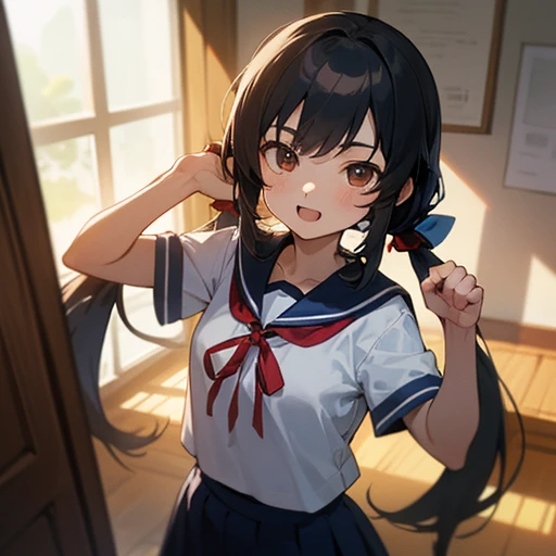 1girl, 16yo,
standing, solo,
(hands up, ganbaruzoi), (clenched hand:1.2), (arms on own body), back of hand, fist,
:o,
excited smile,
surprise mouth,
black hair, very long hair, (low twintails), low pigtails, red ribbon in hair,
navy-blue collar, white serafuku with blue ribbon, navy-blue skirt,
(dark brown eye),
upper body,
afternoon, summer, indoor,
from front, facing viewer, (from above:0.8),
high brightness, detailed face, detailed eyes,
(high quality, ultra detailed, masterpiece, super detail, highres, anatomically correct, UHD),
Japanese anime style, (beautiful fingers, beautiful hands)