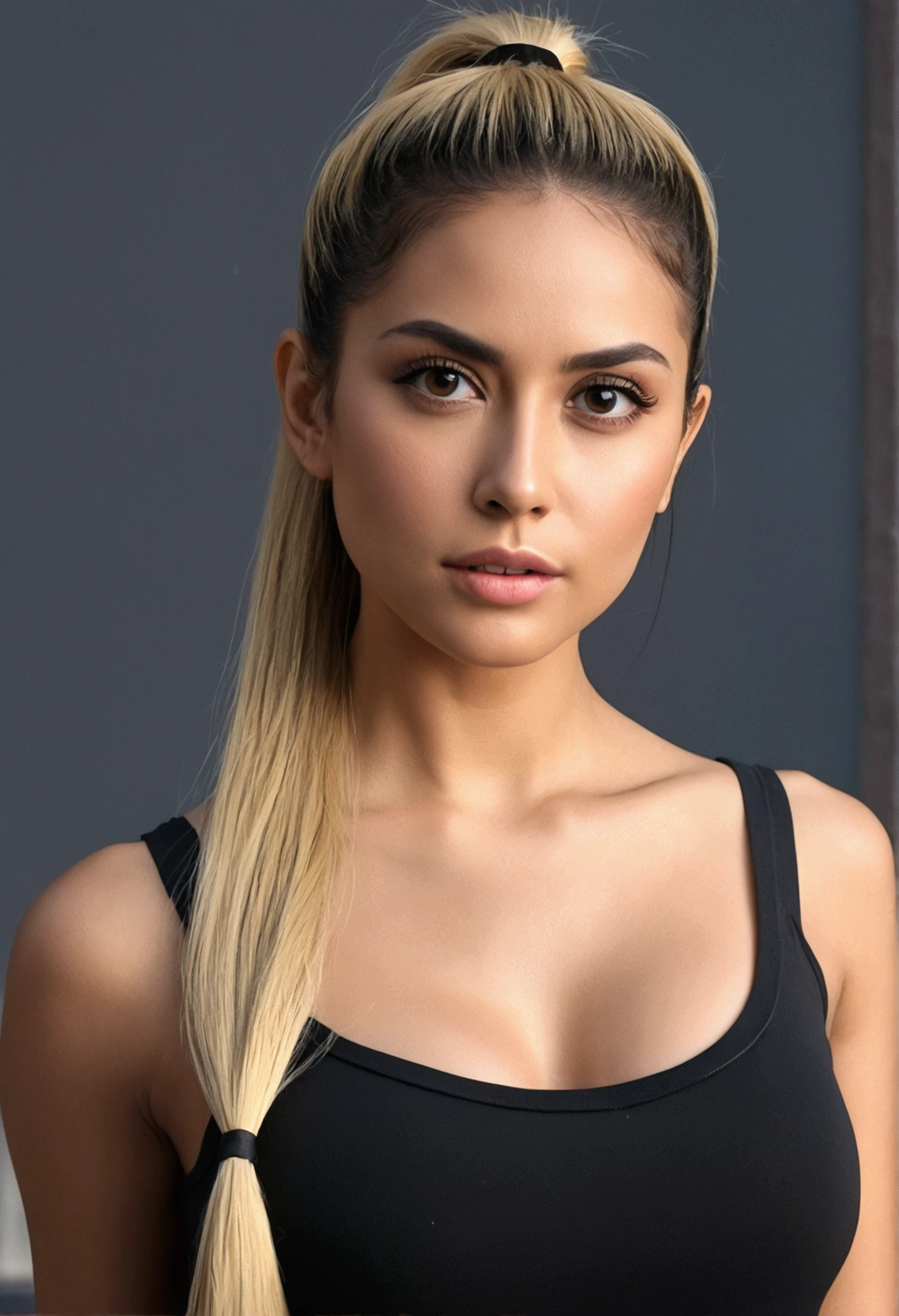 A very realistic and detailed photo of  Rachel De Mita wear a black short skirt light makeup,  long straight blonde hair, ponytail high quality photo 4k, very detailed, perfect fit, looking at the camera, detailed face, detailed eyes, 
