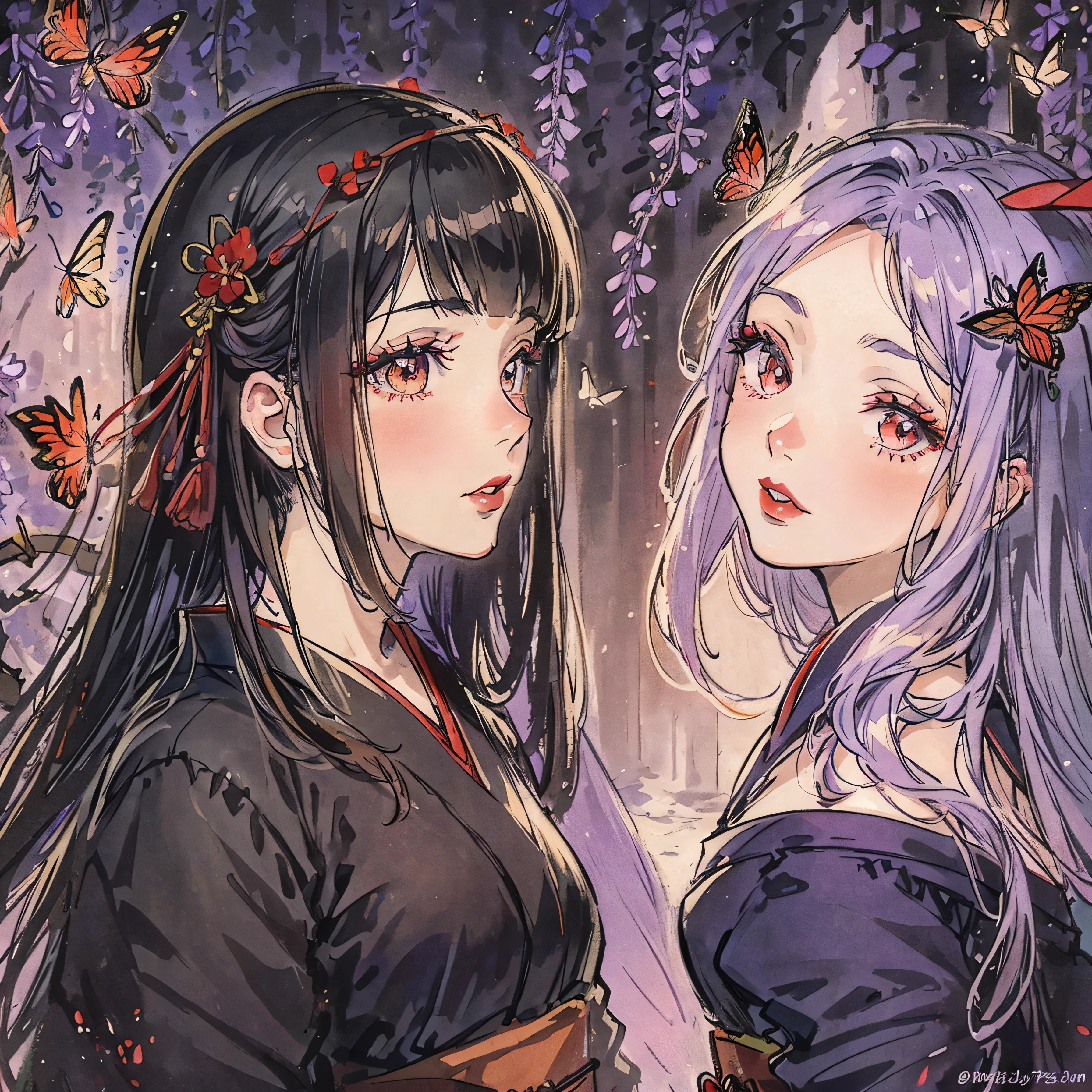 1 beautiful decent woman in the wisteria forest, dark night, , (Beautifully Aesthetic:1.2),wisteria, peace, tranquility, serenity, petals, red kimono, red lip, butterflies, decent