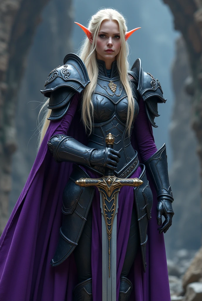 Game theme World of Warcraft Image of a 32-year-old blonde elf standing holding her favorite sword., She wore heavy armor of violet and black metal., dramatic tones. A masterpiece with the highest resolution. , Surrealist image type