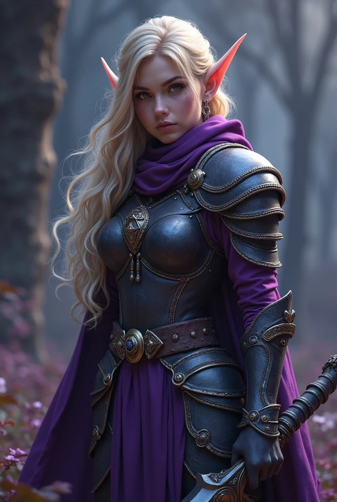 Game theme World of Warcraft Image of a 32-year-old blonde elf standing holding her favorite sword., She wore heavy armor of violet and black metal., dramatic tones. A masterpiece with the highest resolution. , Surrealist image type