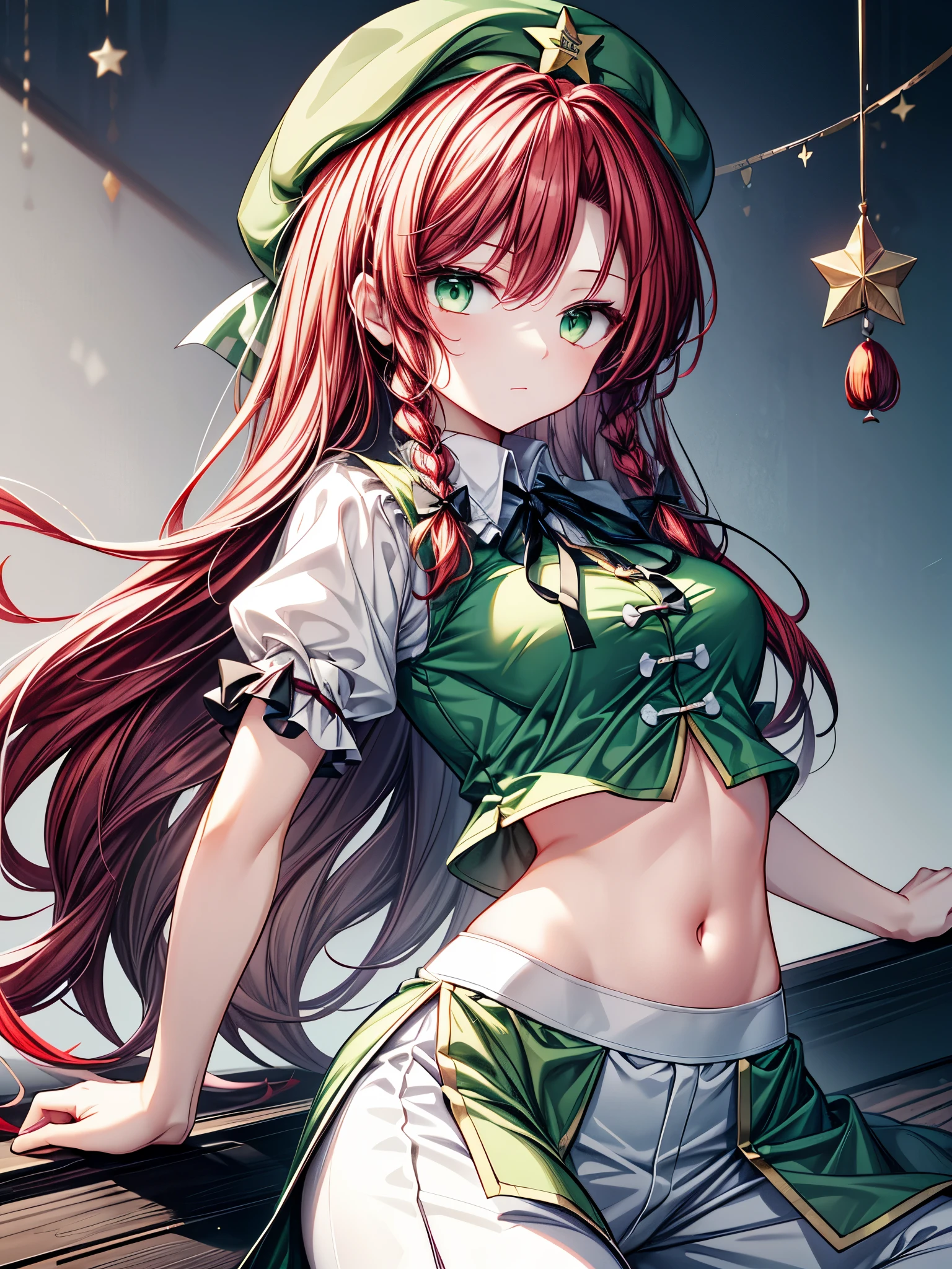 ,1girl, hong meiling (touhou), green eyes, long hair, red hair, twin braids, chinese clothes, green headwear, beret, white shirt, green vest, green skirt, green dress, collared dress, puffy short sleeves, frilled sleeves, black ribbon, neck ribbon, white pants, star (symbol), black bow, hair bow