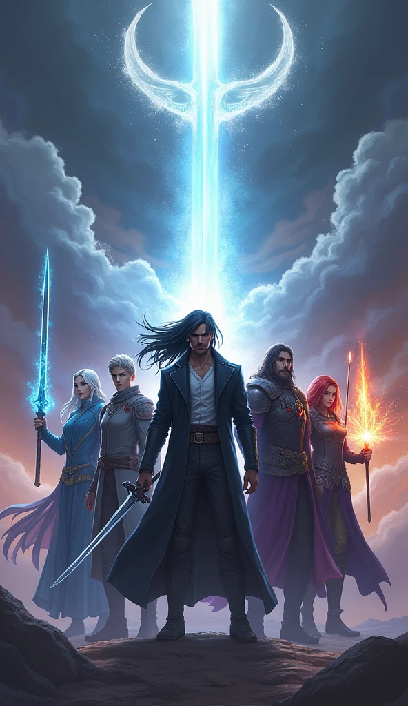 "A dramatic, vertical composition capturing the union of five legendary warriors. At the center, Vortex, a warrior with flowing black hair and a black coat over a white shirt, wields his shadowy sword. To his right, Mirage, a silver-haired mage in a blue robe, channels an ancient staff that emits a blue aura. On the left stands Raven, a white-haired dark elf archer in purple leather armor, readying a flaming arrow. Behind them, Varis, a long-haired knight in black armor studded with red gemstones, commands dark forces. Above them, Seraphina, a red-haired summoner with green eyes and a mystical robe, calls forth ancient beasts to empower her allies. The five heroes stand united, their energies merging and rising into the sky in a brilliant beam of light. The background shows a world on the brink of chaos, with dark clouds and glowing skies, emphasizing the epic nature of their battle."