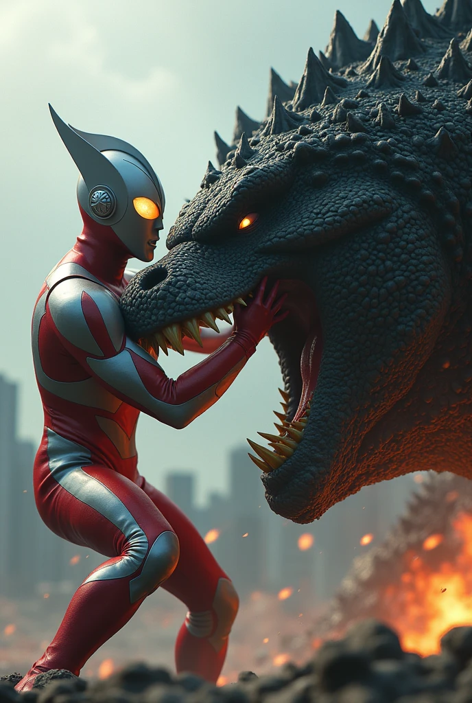 a giant ultraman,choking a massive godzilla monster,highly detailed,epic battle scene,cinematic lighting,dramatic Tilt shift photography ultraman riding godzilla,godzilla mouth ripped open,brutal fight scene,cinematic lighting,highly detailed,realistic,photorealistic,extremely detailed,4k,8k,high resolution,best quality,masterpiece,ultra detailed,sharp focus,intense colors,dramatic shadows,dynamic composition,hyper realistic,cinematic angles,action poses,cinematic atmosphere,intricate textures,vibrant colors,extremely detailed,4k,8k,photorealistic,studio lighting,physically-based rendering,hyper-detailed
