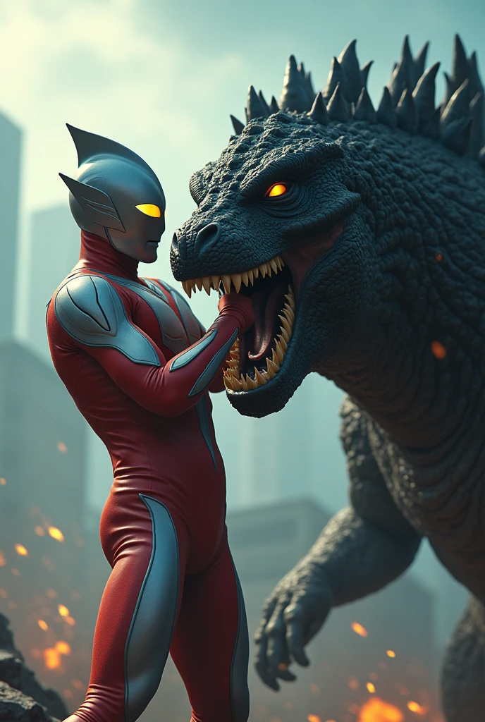a giant ultraman,choking a massive godzilla monster,highly detailed,epic battle scene,cinematic lighting,dramatic Tilt shift photography ultraman riding godzilla,godzilla mouth ripped open,brutal fight scene,cinematic lighting,highly detailed,realistic,photorealistic,extremely detailed,4k,8k,high resolution,best quality,masterpiece,ultra detailed,sharp focus,intense colors,dramatic shadows,dynamic composition,hyper realistic,cinematic angles,action poses,cinematic atmosphere,intricate textures,vibrant colors,extremely detailed,4k,8k,photorealistic,studio lighting,physically-based rendering,hyper-detailed