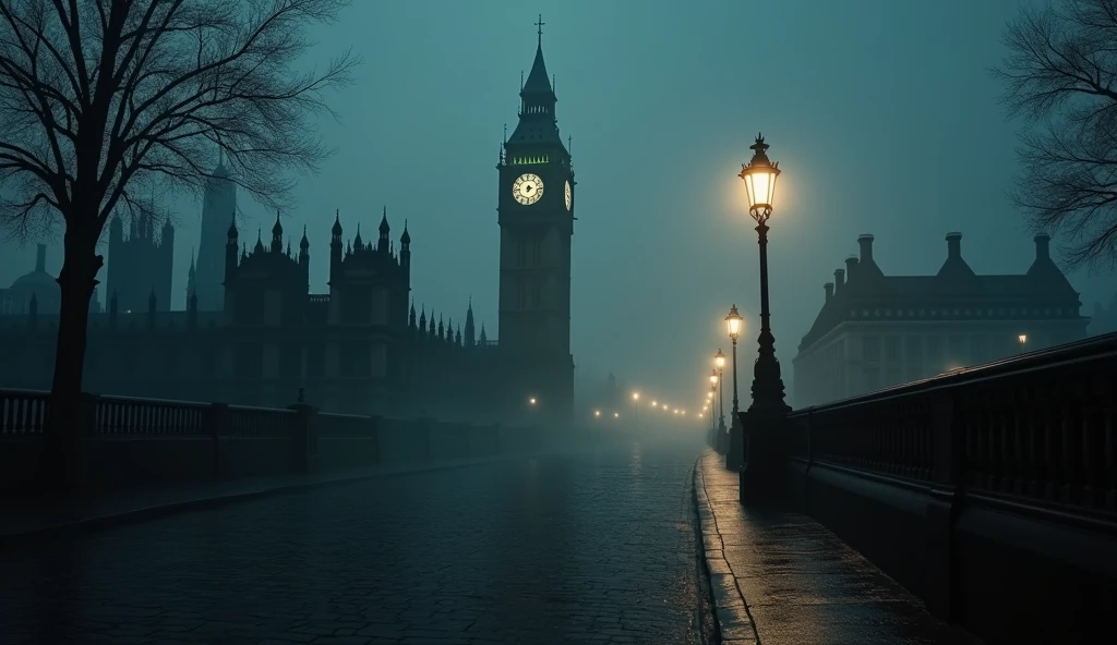 fog, London, Big Ben, dark, Street lamp, Light blur, Cobblestones, reflection, Silence, Historical architecture