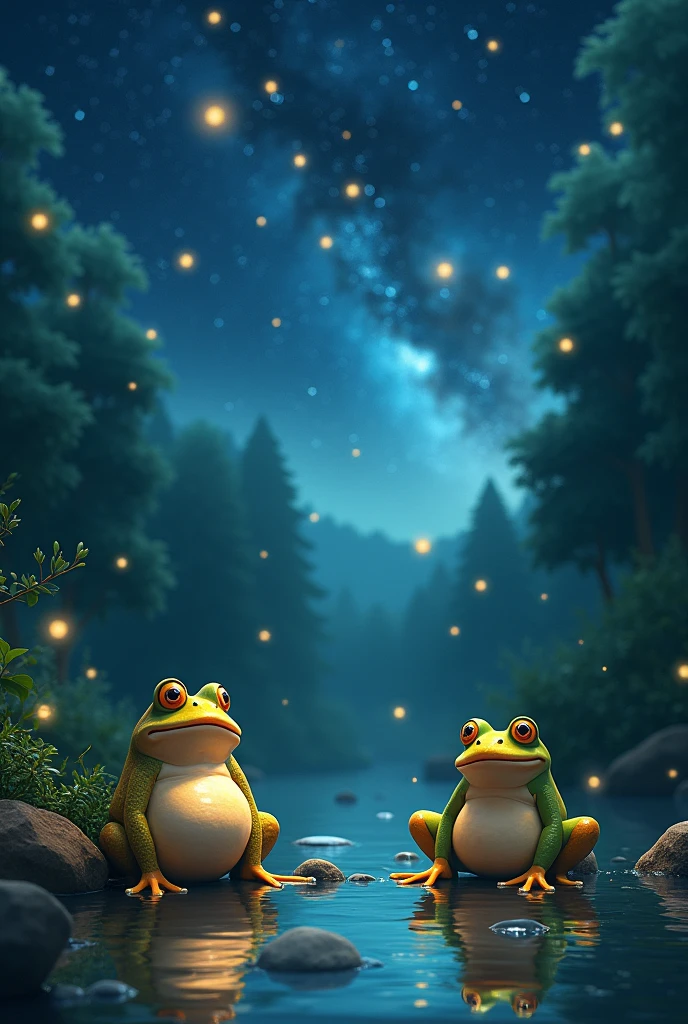 amazing detailed starry night sky, fireflies glowing in the dark, happy fat frog sitting by a lake, sad and chubby frog, lush green forest, ultra-detailed, 8k, photorealistic, studio lighting, professional, vibrant colors, dramatic lighting