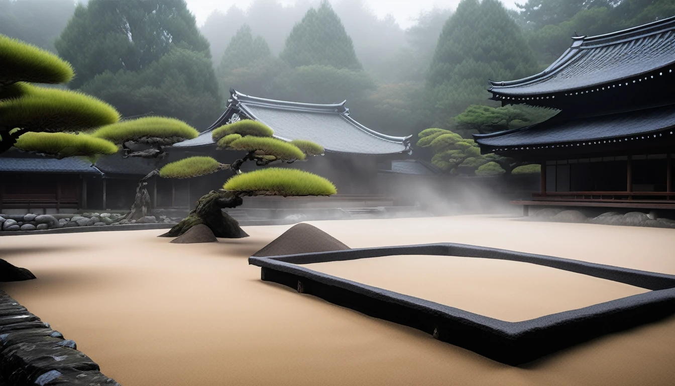 A serene misty Zen garden in medieval Japan with perfectly raked sand.