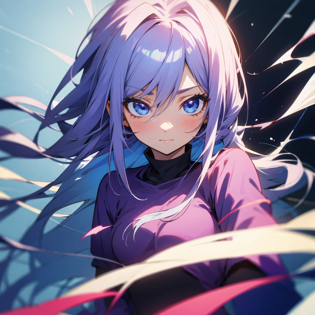 A cartoon girl with long hair and blue eyes wearing a purple shirt, 2D Anime Style, as an Anime characters, Long Hair Anime Girl, Anime-style characters, Young Anime Girl, In anime style, Anime characters, An anime character named Lucy, female Anime characters, Anime Moe Art Style, Silver Hair 、front