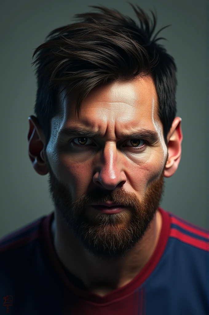 LIONEL MESSI LOOKING TO THE LEFT WITH A BEARD VERY ANGRY