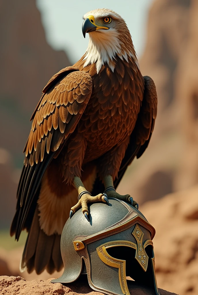 Eagle sitting on Spartan helmet, cinematic, ultra realistic, warm, wallpaper 