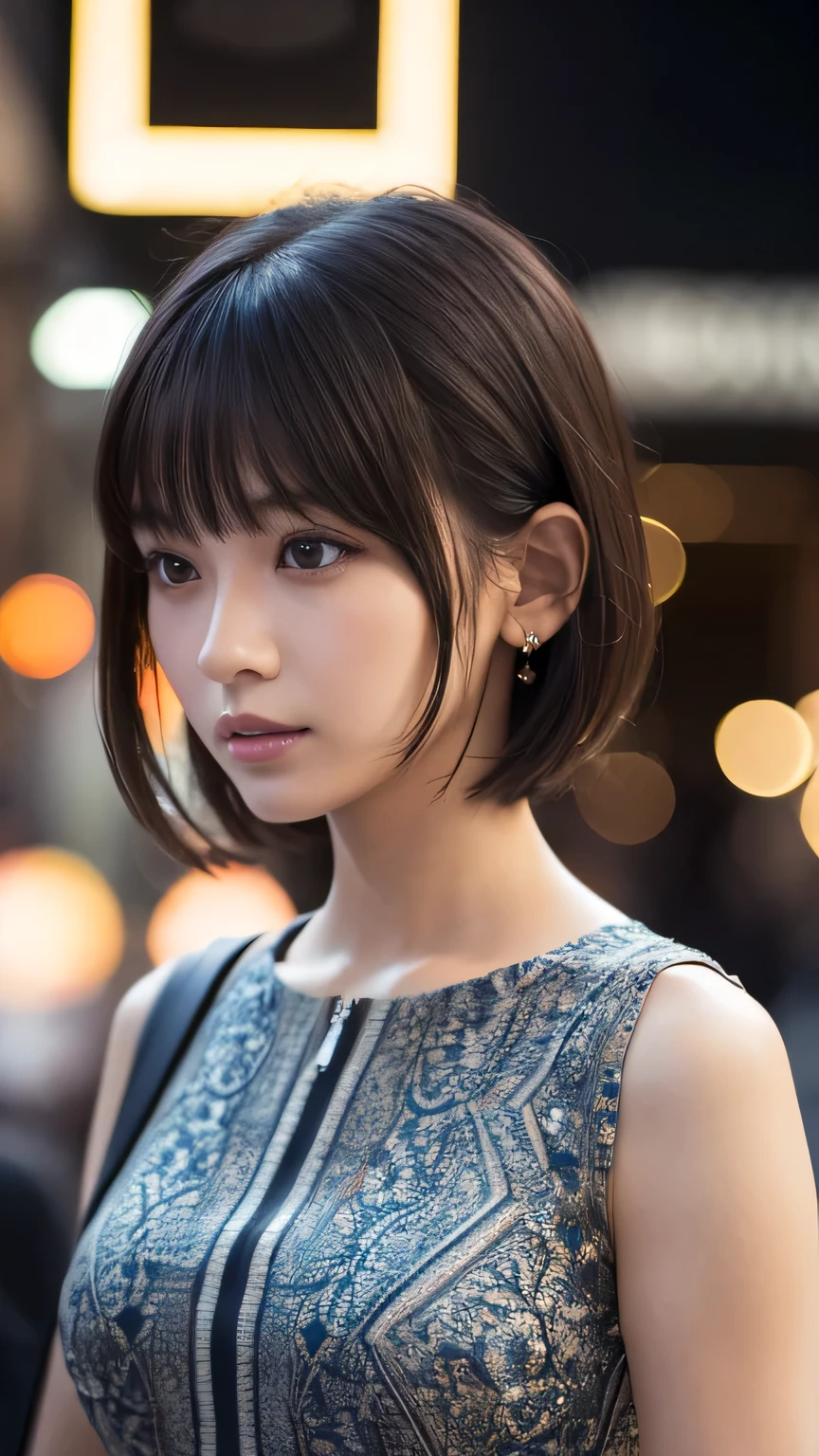 (Ultra-realistic), (figure), (High resolution), (8k), (Very detailed), (Best figure), (Beautiful and detailed), (Highest quality), (Super detailed), (masterpiece), (wallpaper), (Detailed face), alone, One Girl, watching viewer, Trendy dresses,Less exposure、Fine details, Detailed face, In the Dark, Deep Shadow, Modest, Pure Erotic Face Ace_v1, cool, short hair, Pointed diagonal bangs,shopping、Luxury Brands、Holding a shopping bag