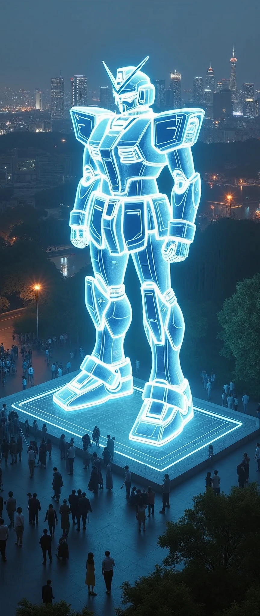 Landscape Photography,Shot from an airplane,(Japan,Tokyo,fort),(Future City:2.0),(((A holographic Gundam statue is projected in the park:2.0,A lot of people々a bustling park:2.0))),(masterpiece:1.2,Highest quality,Ultra-high resolution,Very detailed,8k,Realistic,Best aesthetics),beautiful,(dynamic)
