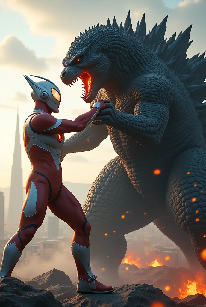 ultraman, ongbak, godzilla, superhero, giant monster, action scene, detailed highly detailed face, muscular body, dynamic pose, powerful energy beam attack, dramatic lighting, cinematic composition, epic scale, cinematic scenery, photorealistic, 8k, hyper detailed, vivid colors, dramatic shadows, volumetric lightinga giant ultraman,choking a massive godzilla monster,highly detailed,epic battle scene,cinematic lighting,dramatic Tilt shift photography ultraman riding godzilla,godzilla mouth ripped open,brutal fight scene,cinematic lighting,highly detailed,realistic,photorealistic,extremely detailed,4k,8k,high resolution,best quality,masterpiece,ultra detailed,sharp focus,intense colors,dramatic shadows,dynamic composition,hyper realistic,cinematic angles,action poses,cinematic atmosphere,intricate textures,vibrant colors,extremely detailed,4k,8k,photorealistic,studio lighting,physically-based rendering,hyper-detailed