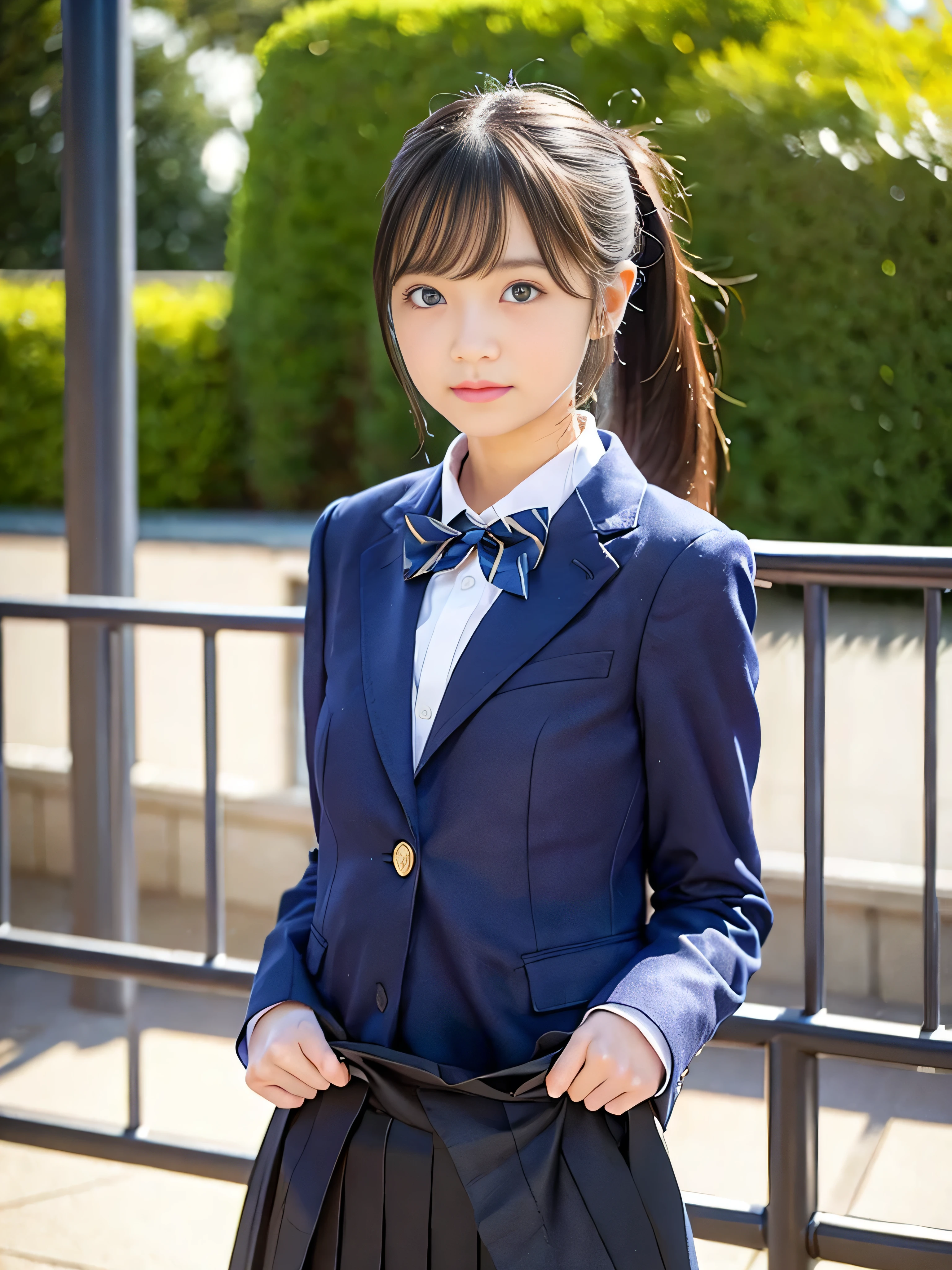 Navy blue blazer,Dark blue plaid pleated skirt,Ribbon tie,,high school girl,Black Hair,bangs,Straight Hair,ponytail,Dark Eyes,Small Face,Clean eyes,Small Mouth,slender,Young face,,Flat chest,train,Station platform,live-action,Realistic photos,8K,Happy face,Ultra HD,Standing posture,whole body,Ruck sack,