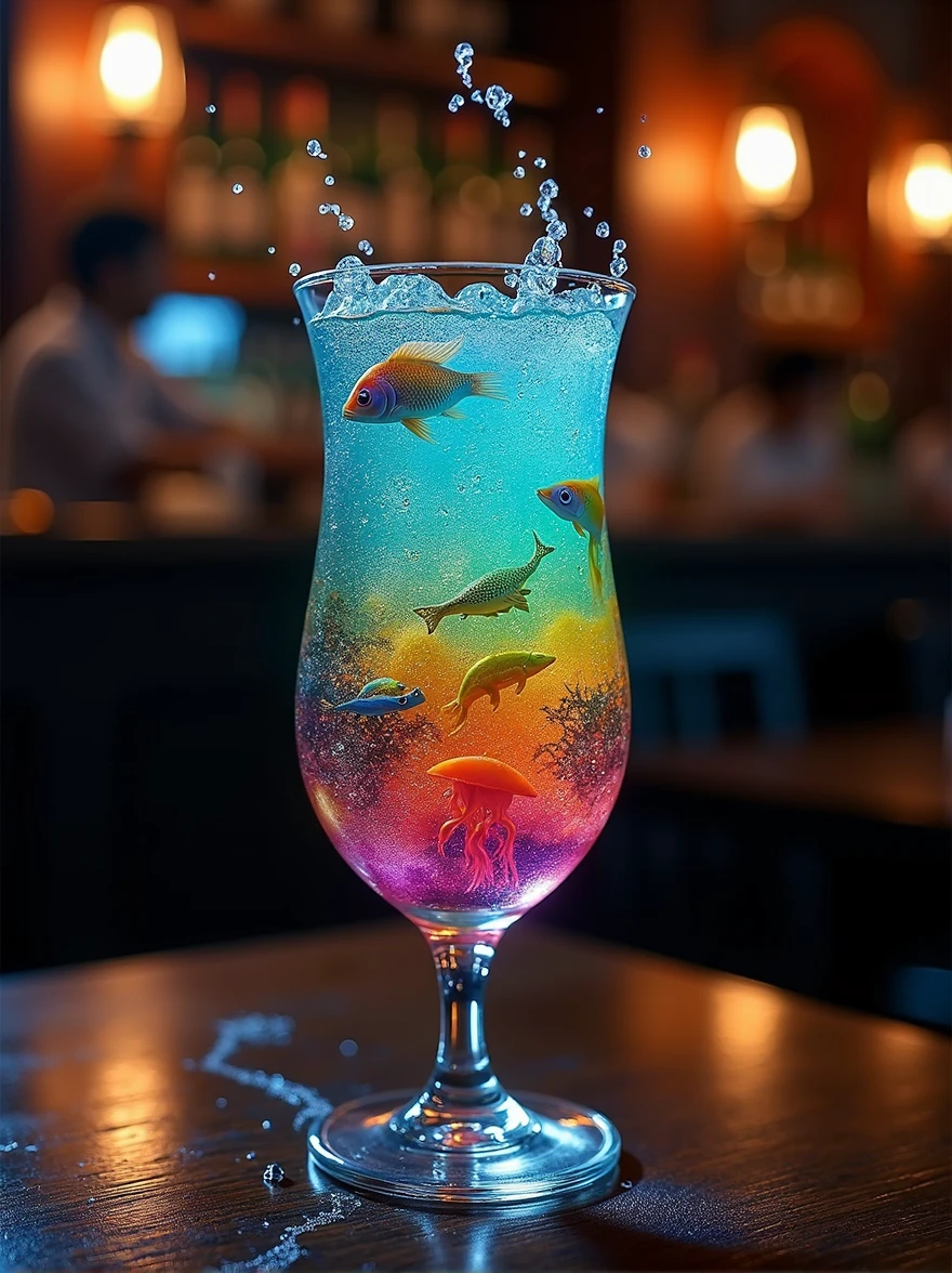 When I drink this cocktail I feel like I am drinking a whole ecosystem. Colorful creatures swim in its tall crystal clear glass. The backlight in the pub makes them so much more interesting.