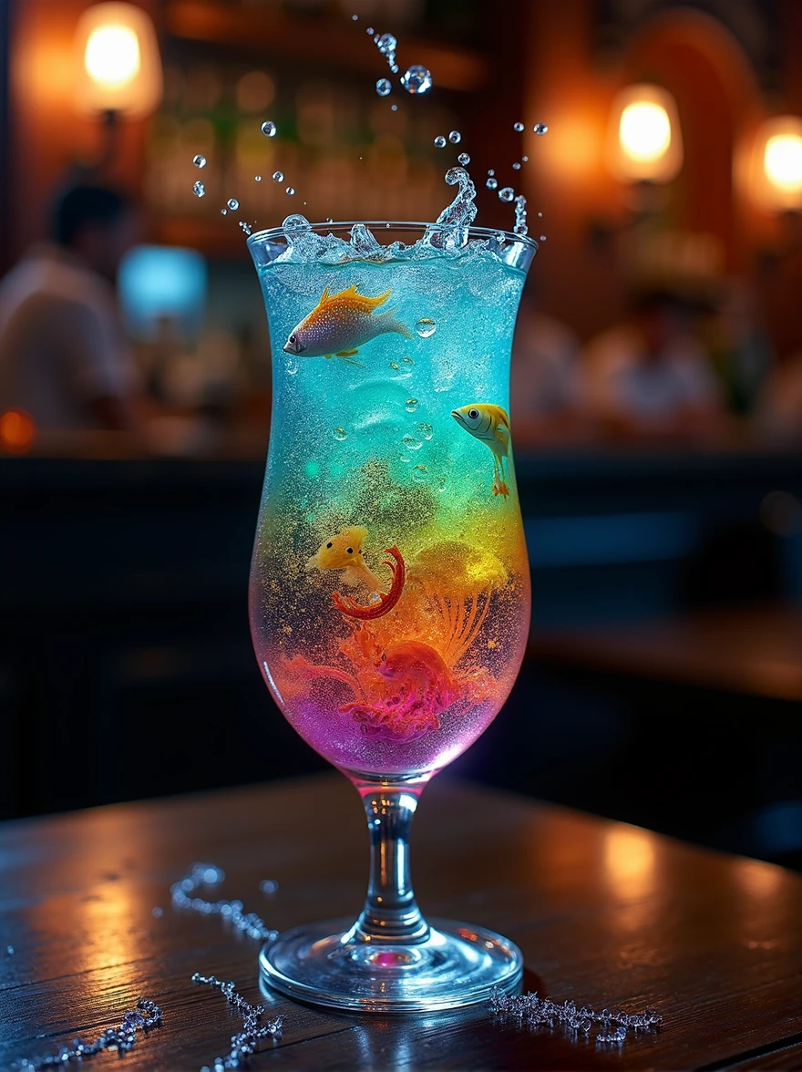 When I drink this cocktail I feel like I am drinking a whole ecosystem. Colorful creatures swim in its tall crystal clear glass. The backlight in the pub makes them so much more interesting.