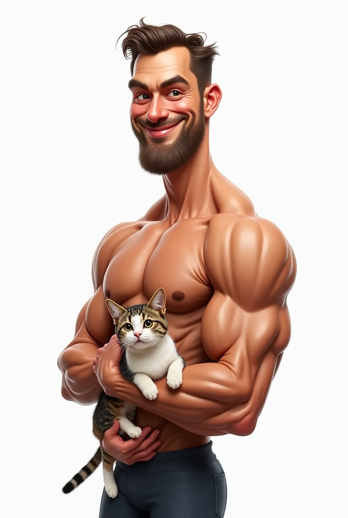 Caricature, handsome man, smiling, semi-realistic, huge muscles, shirtless, topless, muscles ,huge pectoral, holding a cat, white background
