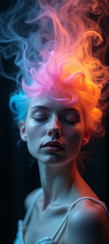 An ultra-realistic, highly detailed image of a perfectly symmetrical female head with pale skin and closed eyes. Her hair is made of colorful smoke in all shades, rising upwards like a mesmerizing aurora. The background is completely black, making the vibrant colors of the smoke stand out. The image captures the ethereal beauty of the scene, with every detail of the skin and smoke meticulously rendered 