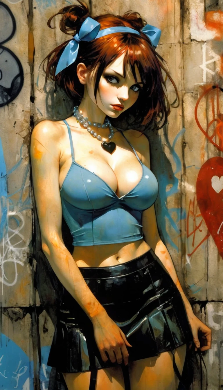 1girl, 20 years old, tilted headwear, brown hair, short hair with long locks, hair ribbon, o-ring thigh strap, pearl necklace, (leaning forward:1.2),leaning against wall, (graffiti scenery:1.2), parted bangs, large breasts, ((light blue top:1.2)), (black skirt:1.2)), (heart cutout:1.2), hair over shoulder, midriff, outdoors, gentle smile, ((masterpiece, best quality:1.2)), ((masterpiece:1.2)), ((best quality:1.2)), (very aesthetic:1.2), (ultra-detailed:1.2), perfect anatomy, intricate details, AddXL, shine colorful, eroticism, sexy, black and white image, between shadows, oil painting, chiaroscuro, sensual, dramatic lighting, moody atmosphere, photorealistic, intricate details, masterpiece, ultra-detailed, high quality, 8k, best quality, realistic, cinematic, dark and brooding, expressionistic, powerful composition, emotional impact, art inspired by Bill Sienkiewicz and Dave McKean
