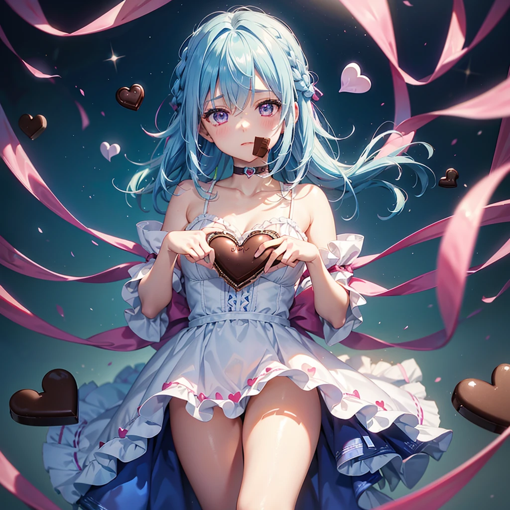 Sky blue hair、Braided Short Hair、Pink Eyes、Fair skin、whole body、One person、shy、Lots of hearts in the background、(Heart-shaped chocolate)、(Chocolate Angel)、Valentine's Day、masterpiece、Highest quality、Very detailed、Best Shadow、Detailed Background、Beautifully detailed face、High Contrast、Best lighting、Very delicate and beautiful、Cinematic Light、Hyper Detail、8k、Dramatic Light、Exquisite detail、